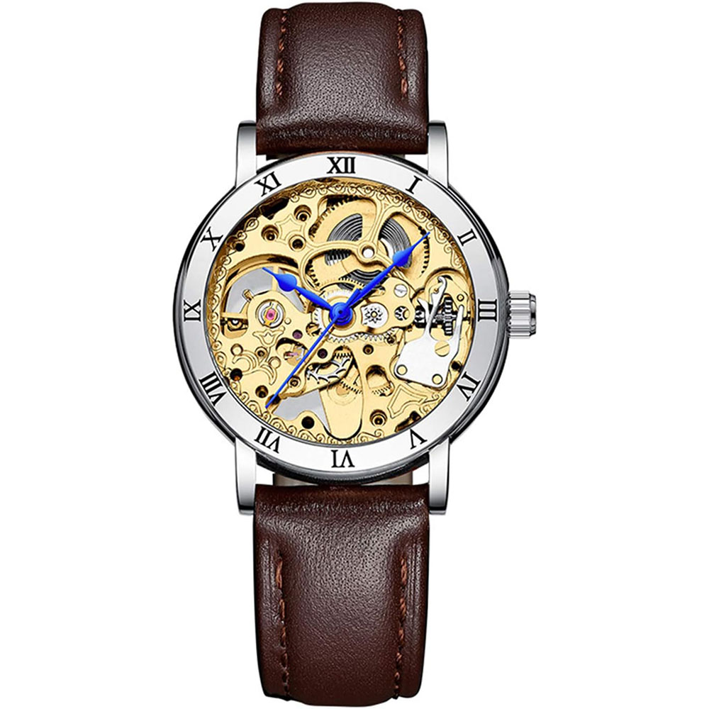 Luxury Automatic Mechanical Skeleton Watch with Steel or Leather Strap