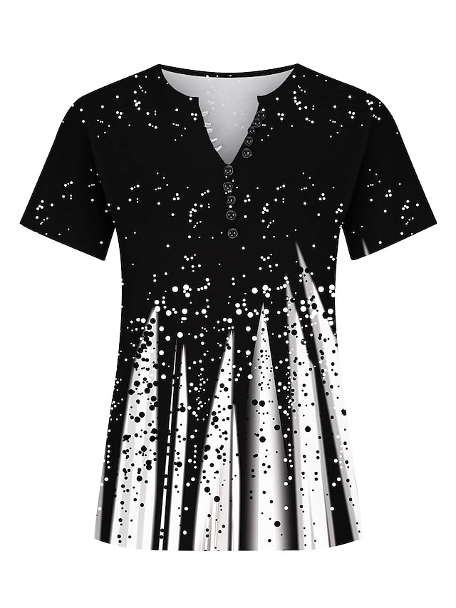 Elegant Black Henley Tunic with Butterfly Print and Button Detailing – Casual Short Sleeve V Neck Shirt for Stylish Outfits