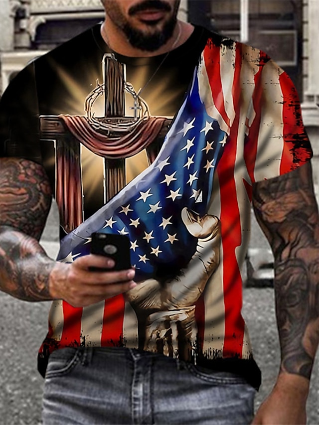 Unisex 3D Printed Patriotic T-Shirt - National Flag & Cross Design