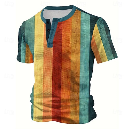 Gradient Tie-Dye Henley Tee with Vintage Waffle Texture for Outdoor and Daily Wear – Short Sleeve Casual Polyester Shirt